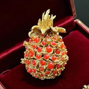 Vintage Alice Caviness Pineapple Brooch Gold Tone Faux Coral Rhinestone Pin